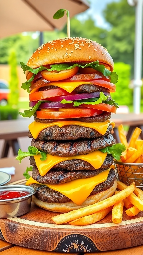A giant cheeseburger with beef patty, cheese, lettuce, tomato, and pickles on a wooden platter with fries.